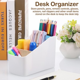 Zocipro Desk Organiser, Pen Organiser, Writing Utensil Compartment, Office Pen Holder, 4 Compartments, Bamboo Office Organiser, Storage Box, Desk Organiser for Pens, Cosmetics, Sticky Notes (White)