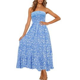 ZESICA Women's Summer Bohemian Floral Printed Strapless Beach Party Long Maxi Dress,Blue,Medium