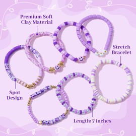 LieToi 7Pcs Purple Preppy Heishi Bracelets for Women Girls - Smile Heart Star Beaded Surfer Bracelets Polymer Clay Pearl Stackable Disc Summer Beach Layering Y2K Stretch Boho Jewelry Birthday Gift