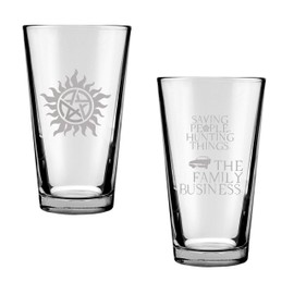 Supernatural Fan Gift Set Anti-Possession and Hunting People Saving Things Engraved Drinking Glass Set of Two: SPN Fan Gift