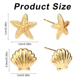 2 Pairs Gold Earrings for Women, Summer Beach Starfish Shell Stud Earrings Set Copper Material Dainty Ocean-Themed Jewelry Accessories for Summer Travel Vacation Daily Wear (Gold)