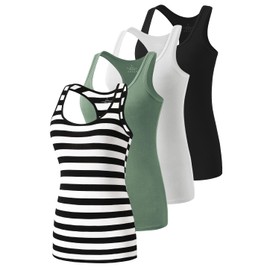 Star Vibe Racerback Workout Compression Tank Tops for Women Scoop-Neck Basic Tanks Yoga Undershirt Sleeveless Exercise Activewear Tops 4 Pack Black/White/Army Green/Black Stripe S