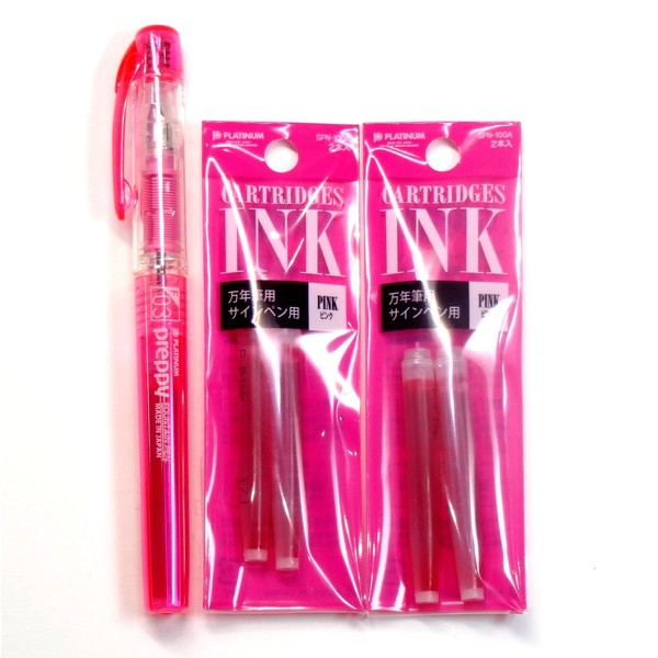 Platinum Fountain Pen, New Preppy, Fine Nib, Pink(PSQ-300#21) + Ink Cartridges SPN-100A#21 (Pink) Set (Japan Import) [Komainu-Dou Original Package]