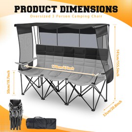 3 Person Camping Chair with Canopy Shade Fully Padded Folding Outdoor Oversized Camping Sofa for 2-3 Person, Heavy Duty Couch with Cup Holder and Carry Bag for Lawn Camp Fall Outdoor Activities