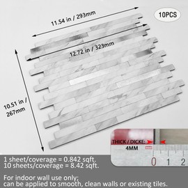 Eazart Peel and Stick Backsplash for Kitchen | Self-Adhesive Metal Silver White Marble Subway Tiles | Decorate Kitchen Laundry Fireplaces, 10PCS
