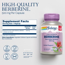 SOLARAY SOLARAY Berberine 500mg - Berberine Supplement for a Healthy, Active Lifestyle - with Berberine HCl from Indian Barberry - Vegan, Non-GMO, 60-Day Guarantee, Lab Verified - 100 Servings, 100 VegCaps