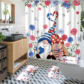 Aperturee 4th of July Shower Curtain Set 4-Piece, Patriotic Flag Stripes Red Blue Floral Bathroom Decor for Independence Day, Memorial Day, July 4th with Dwarf Star Motifs