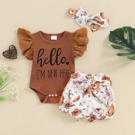 Twopumpkin Newborn Baby Girl Coming Home Outfit Rib Knit Bodysuit Romper Floral Shorts Pants Headband Newborn Girl Clothes (Summer Hello I'm New Here Brown, 0-3 Months)