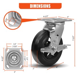 CWfutureparts Caster Wheels 6" x 2" Heavy Duty Industrial Casters,Rubber on Cast Iron Wheels,Dumpster and Trash Bin Casters,2 Brake 2 Rigid Top Plate Casters, Load Capacity 4000 lbs
