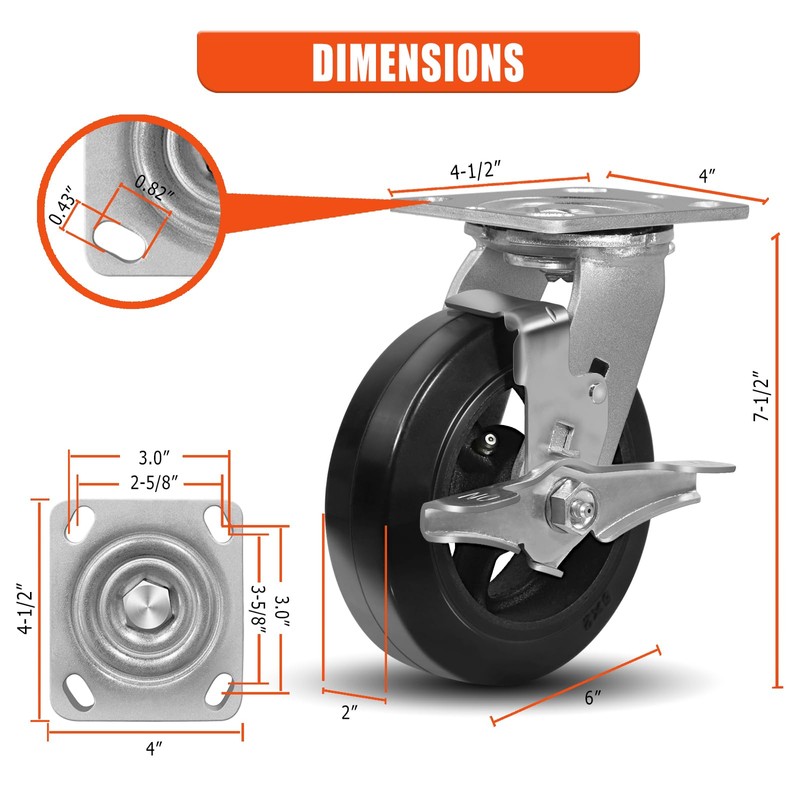 CWfutureparts Caster Wheels 6" x 2" Heavy Duty Industrial Casters,Rubber