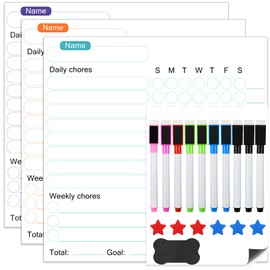 4Pcs Chores Chart for Kids, Dry Wipe Set Up Chores for Famliy, Dry Erase Weekly Daily Chores Chart for Kids, Dry Wipe Paintbrush Whiteboard for Kids, Write Board for Chores List