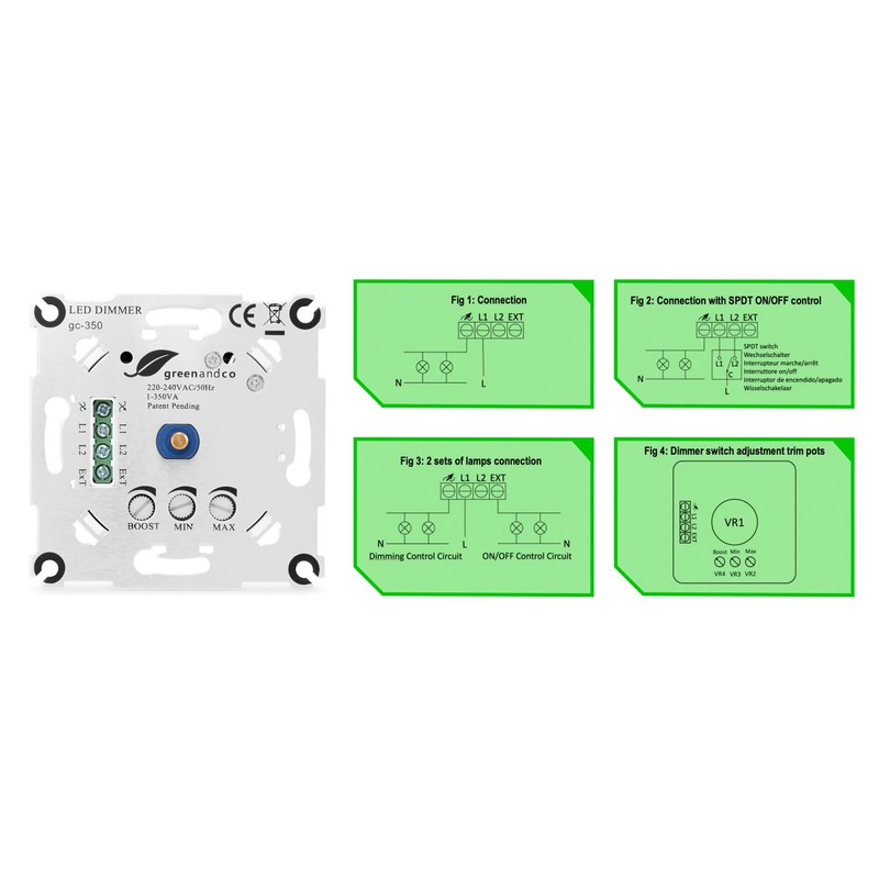 Greenandco® GC-350 Flush-Mounted LED and Halogen Dimmer 1-350 Watt Suitable