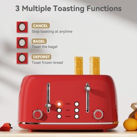 Toaster 4 Slice, Retro Stainless Toaster with 6 Bread Shade Settings,1.5''Wide Slots Toaster with Cancel/Defrost/Reheat Functions,Dual Independent Control Panel, Removal Crumb Tray (Red)