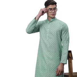 Sojanya (Since 1958, algodón y lino para hombre, lámina de color verde marino, estampado solo Kurta largo, Verano, X-Large