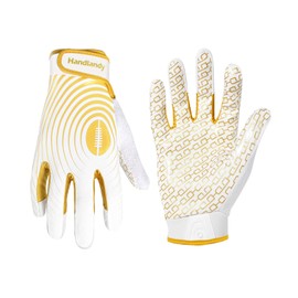 HANDLANDY Youth American Football Gloves, Sticky Wide Receiver Gloves for Kids & Adult, Black and Gold Stretch Fit Football Gloves (White & Gold, Youth S)