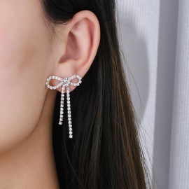 Dckazz Silver Bow Earrings Rhinestone Bow Dangle Silver Sparkly Prom Earrings CZ Ribbon Drop for Women