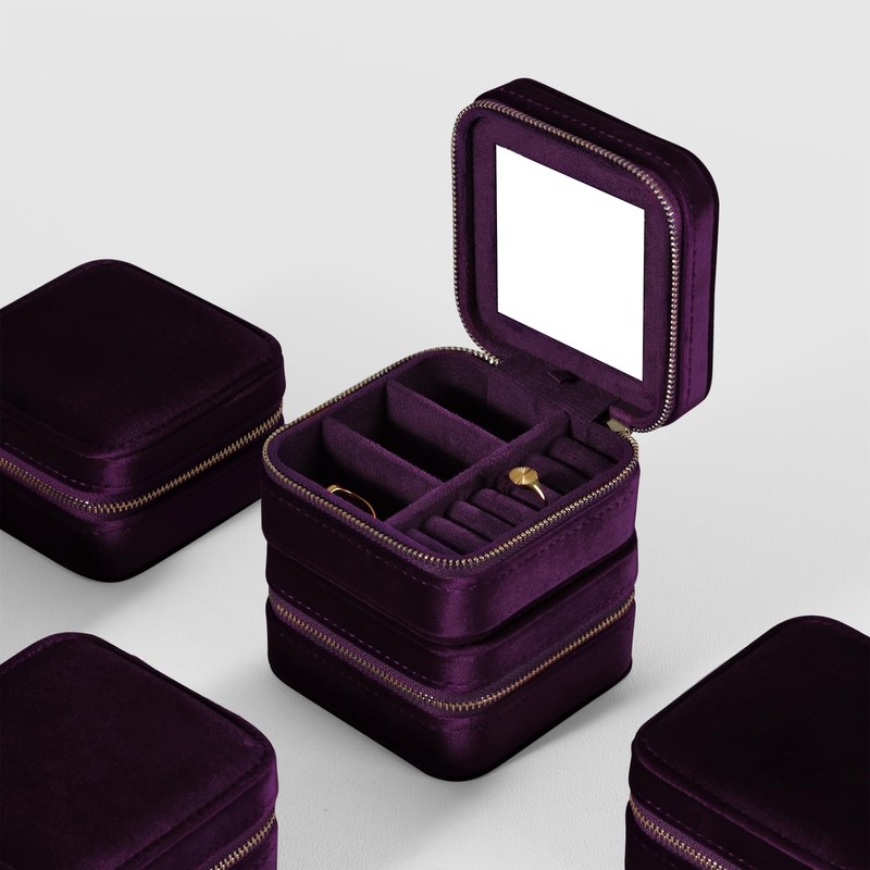 Dansmiy ジュエリーボックス, ベルベット素材, ミラー付き, リング・ピアス・ネックレス収納ケース, 多色展開, 旅行用 (復元性ベルベット, 紫色)