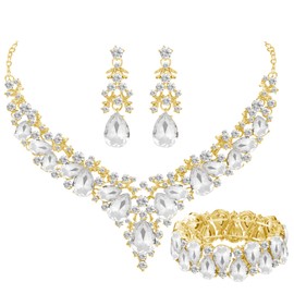 Paxuan Elegant Bridal Wedding Jewelry Set for Women / Brides / Bridesmaids Teardrop Crystal Leaf Cluster Jewelry Set for Wedding Prom Party Bridal Bridesmaids Rhinestone Crystal Necklace Earrings Bracelet Set (White(Gold))