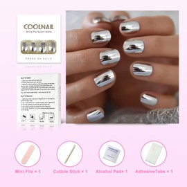 Coolnail 24pcs Short Round Mirror Fake Nails Metallic Silver Full Cover Professional Fingernail Round Adult False Nails