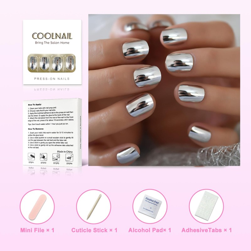 Coolnail 24pcs Short Round Mirror Fake Nails Metallic Silver Full