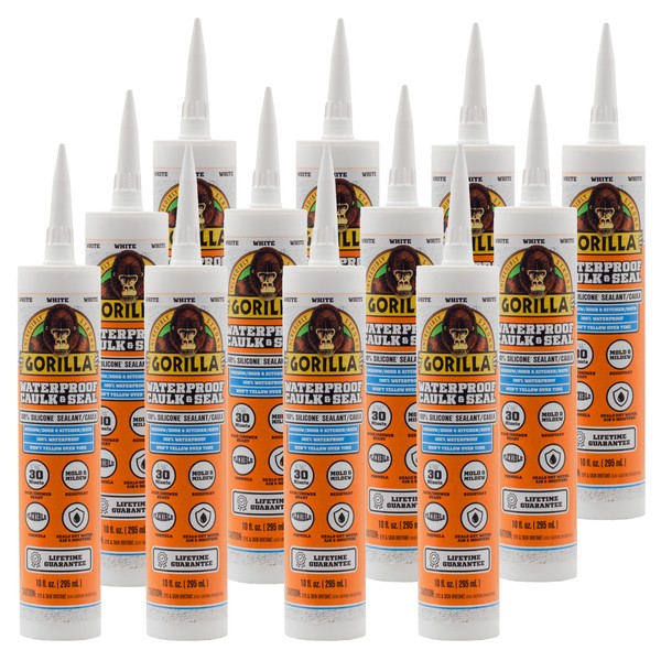 Gorilla Waterproof Caulk & Seal 100% Silicone Sealant, White, 10oz