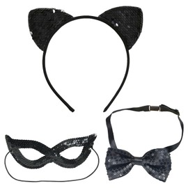 HINFHI 1 Piece Cat Ear Headband, 1 Piece Eye Mask And 1 Piece Bow Tie, Sequin Headband, Role-Playing Accessories, Party Dress-Up Supplies.