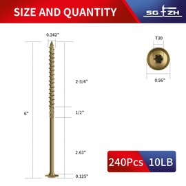 SG TZH #14 x 6 Inch Lag Screws (240Pcs) 10lb. Structural Wood Screw, Bronze, Carbon Steel, Washer Head, Rust Resistant epoxy Coated, T30 Star Bit