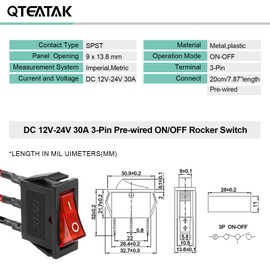 QTEATAK KCD3 SPST Pre-Wired On/Off 3-Pin 2-Position Snap DC 12V-24V 30A Red LED Boat Rocker Toggle Switch - 5Pack (Only for DC12-24V)