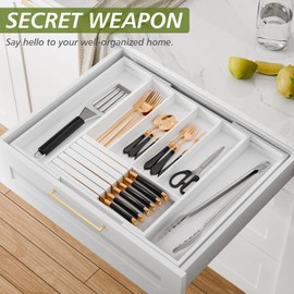 Bamboo Kitchen Silverware Drawer Organizer - Expandable Wood Utensil Holder with Dividers, Luxury Cutlery Storage Tray for Kitchen Utensil and Flatware (5-7 Slots with Removable Knife Block, White)