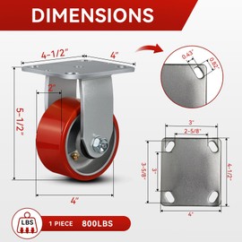 FOVERSWIVE 4"x2" Industrial Casters- Heavy Duty casters,Polyurethane Casters Wheel,Capacity up to 1600 Lb. Use for Platform Truck, U-Boat Cart,Workbenches(2 Rigid)