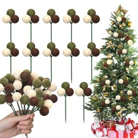 Syhood 12 Set 7.9 Inch Christmas Ball Ornaments on Wired Picks Shatterproof Xmas Ball Picks for Christmas Tree Vase Wreath Stairs Garland Decoration Supplies(Brown,Dark Green, Beige,Velvet)