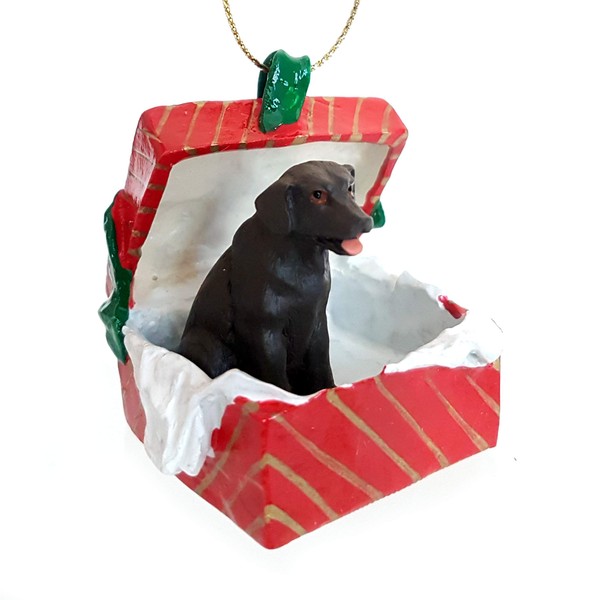 LABRADOR RETRIEVER Dog Chocolate sits in a Red Gift Box Ornament New Resin RGBD24C