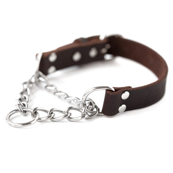 Mighty Paw Martingale Dog Collar - No Pull Design - Dog Collar for Pulling - Stainless Steel Training Collar - Limited Chain Cinch Training - Leather Collars for Dogs - Brown Dog Collar - Medium