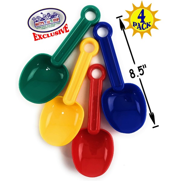 Matty's Toy Stop 8.5" Plastic Rounded Scoop Sand Shovels for Kids (Red, Blue, Green & Yellow) Complete Gift Set Party Bundle - 4 Pack