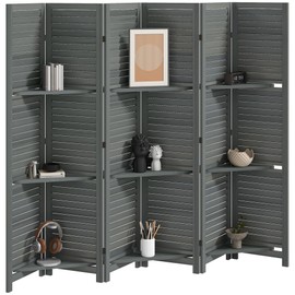 HOMCOM Room Divider, 6 Panel 67" Tall Wood Privacy Screen with 3 Display Shelves, and Folding Storage for Bedroom or Home Office, Gray