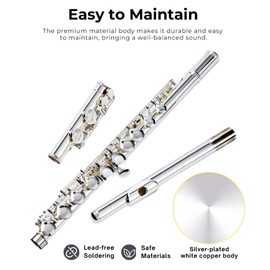 MeloCrest Flutes - Closed Hole C Flute For Beginners, 16-Key Flute with a Carrying Case, Stand, and Cleaning Kit, Tuning Rod, Musical Instrument for Kids, Silver