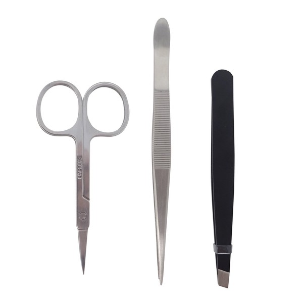 Honbay 3PCS Tweezers Set Point and Slant Stainless Steel Tweezers, Eyebrows Scissor, for Eyebrow and Nose Hair