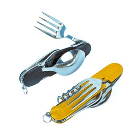 Cluck 6-in-1 Multi-Function Camping Utensil Flatware Set Detachable Spoon Fork Knife Combo Mess Kit with Carrying Pouch (Gold + Black)