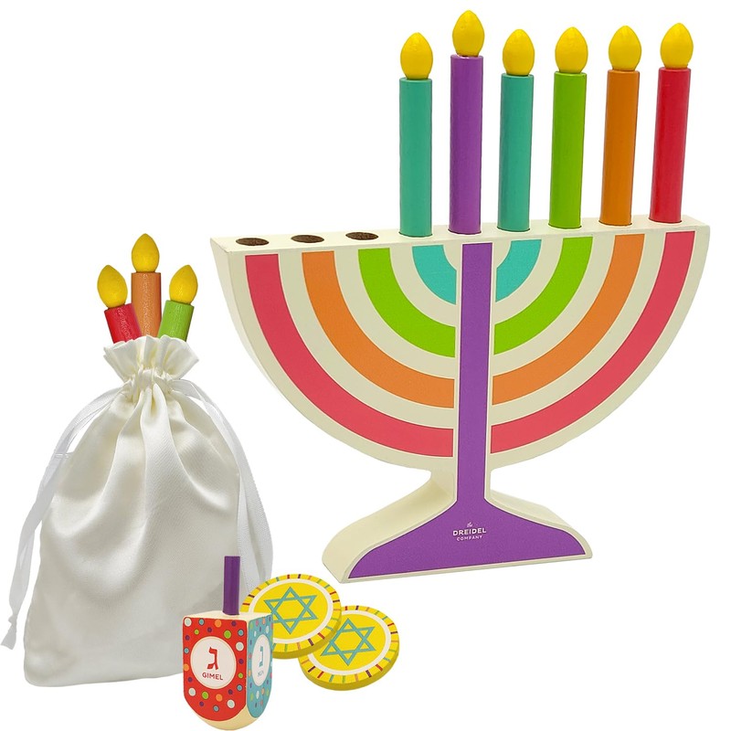 Mini Hanukkah Children Wooden Chanukah Menorah Multicolor with Removable Candles
