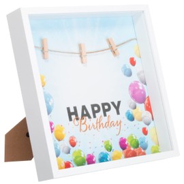 Brandsseller Birthday Money Gift Picture Frame 28 x 28 x 4.5 cm White - Rope with 3 Clothes Pegs for Attaching Banknotes - Happy Birthday Motif