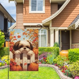 HILILIAN Shih Tzu Fall Garden Flag 12x18 Double Sided, Burlap Small Pumpkin Fence Autumn Leaves Garden Yard House Flags Outside Outdoor Autumn Porch Lawn Decoration(4328)