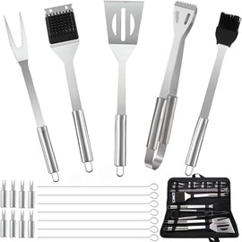 Kit de accesorios para barbacoa, juego de 20 herramientas para parrilla de barbacoa, herramientas de barbacoa de acero inoxidable para acampar ahumador, juego de utensilios de barbacoa al aire última