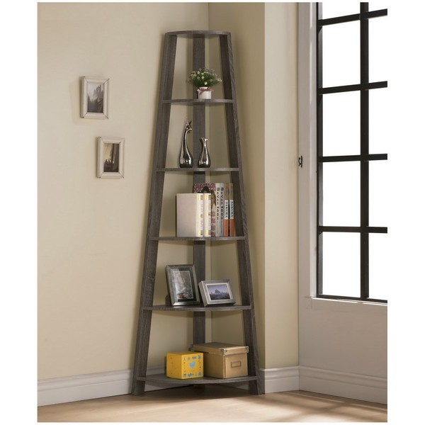 Weathered Grey Finish Wood Wall Corner 5-Tier Bookshelf Bookcase Accent Etagere