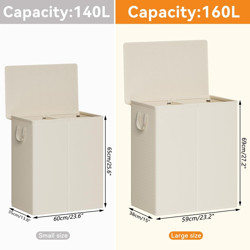 Chrislley 160L Laundry Hamper 2 Section, Double Laundry Basket with