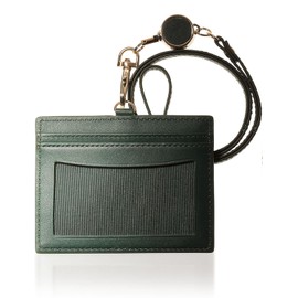 BLUE SINCERE Women's ID Card Holder, Employee ID Card Case, Name Card Case, Genuine Leather, Name Holder, Neck Hang, Elastic Reel, Pass Case, Holds 4 Cards/ID1 (Deep Green)