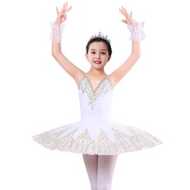 ORIDOOR Girl's Camisole Skirted Leotard Ballet Lace Sequin Tutu Swan Costumes Competition Skirt Dress, 016 White, 6-7 Years