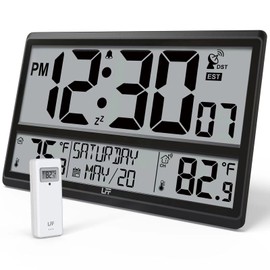 LFF Atomic Clock 4.5" Numbers, Atomic Wall Clock Never Needs Setting, Indoor Outdoor Temperature with Wireless Outdoor Sensor, Battery Powered, Clock for Office, Kitchen, Living Room, Bedroom