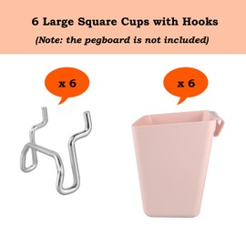 Pegboard Cups with Hooks 6 Pack - Peg Board Organizer Accessories Fits 1/8" & 1/4" Pegs - Storage Bins Aesthetic Decoration for Garage Craft Room Playroom Office Workbench Organization (Pink)