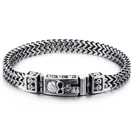 Stainless Steel Skull Bracelet for Men Women, Goth Punk Style, Franco Link Curb Chain Vintage Style with Secure Spring Box Clasp