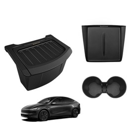 BestEvMod for 2026+ Model Y Juniper Refresh 3PCS Console Essentials Bundle Trash Can Backseat Storage Box Garbage Rear Bin Can Rear Center Console Organizer & Wireless Charger Mat & Cup Holder Insert